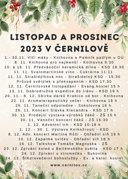 Kalendář akcí v Černilově na listopad a prosinec 2023