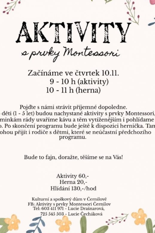 Aktivity s prvky Montessori pro děti od 1 roku do 5 let v KSD Černilov
