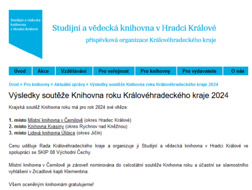 Černilovská knihovna vyhrála soutěž Krajská knihovna roku 2024 