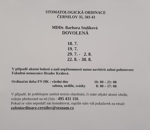 Dovolená - zubní ordinace 