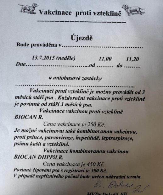 Vakcinace proti vzteklině Újezd